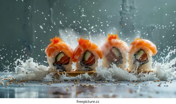 A variety of sushi rolls with salmon, cucumber, and tobiko