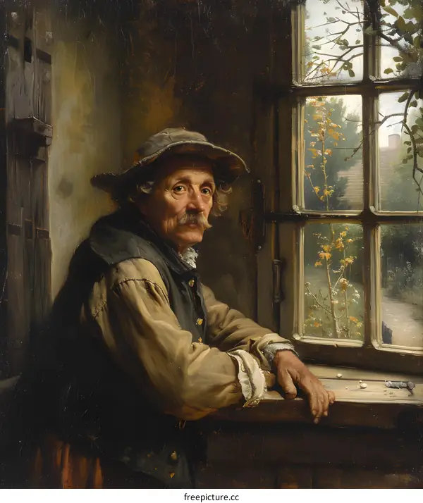 An old man is looking out the window