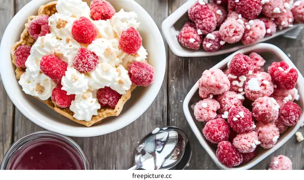 Closeup of Bowl of Raspberry Dessert With Whipped Cream