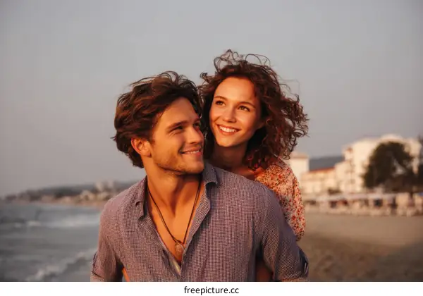 Couple enjoying a beautiful sunset on the beach