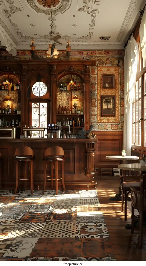 Vintage Bar Interior Design With Ornate Woodwork