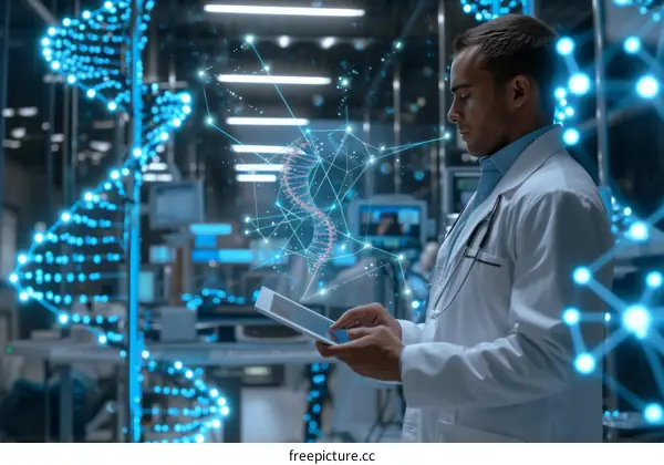 Scientist Analyzing DNA Structure on a Tablet