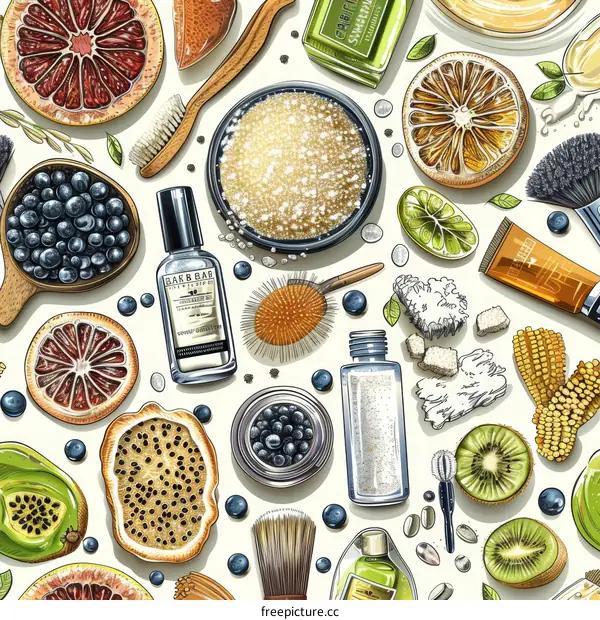 Various beauty products and natural ingredients are arranged on a white background