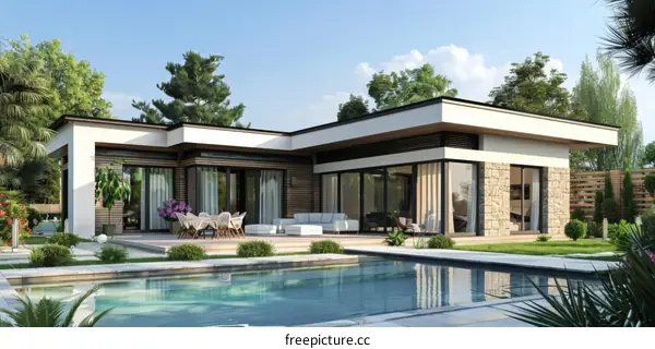 Modern House with Swimming Pool and Green Lawn