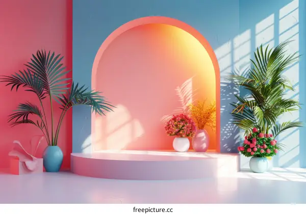 Pastel Colors Display Platform with Tropical Plants