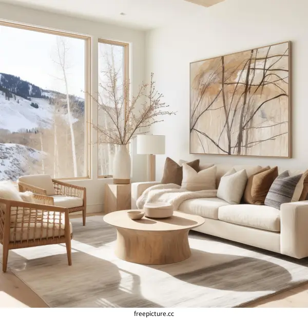 Modern Living Room with Stunning Mountain Views Through Panoramic Windows