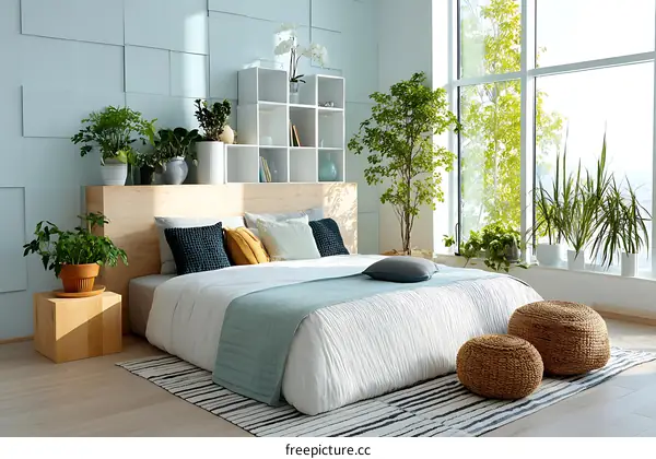 Modern Bedroom with Plants and Large Windows