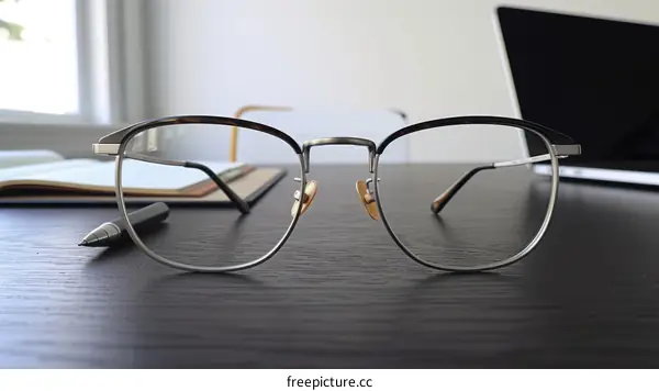 Eyeglasses on a desk with a pen and notebook nearby