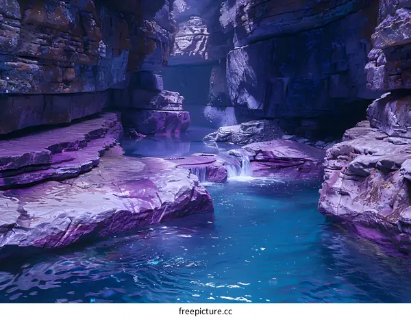 Purple canyon river landscape with blue water and rocks