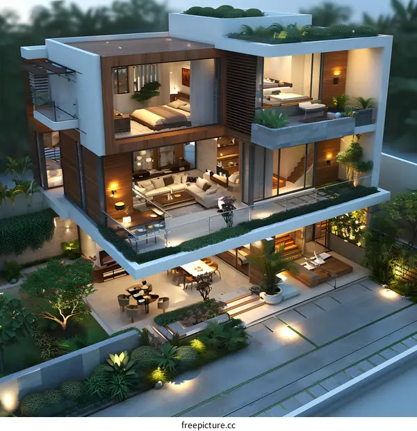 A 3D rendering of a modern house