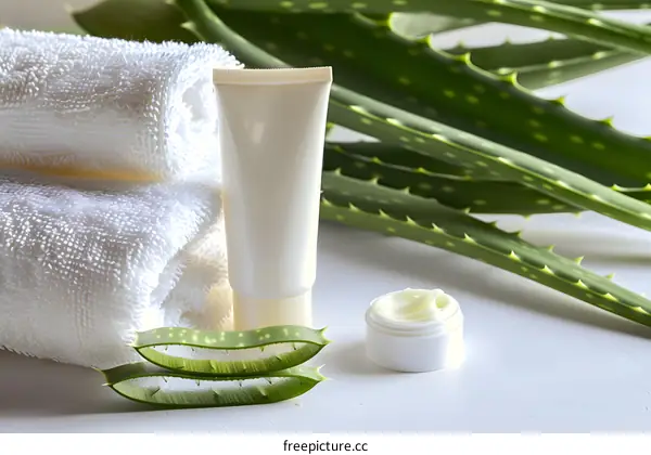 Aloe Vera Cream and White Towels Spa Set on White Background