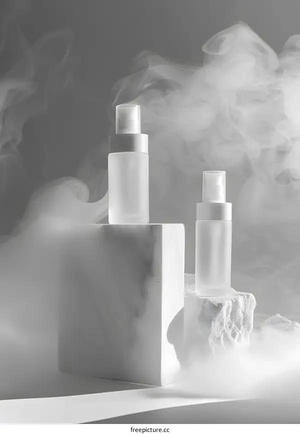 Two white bottles of perfume on a marble podium with white smoke in the background