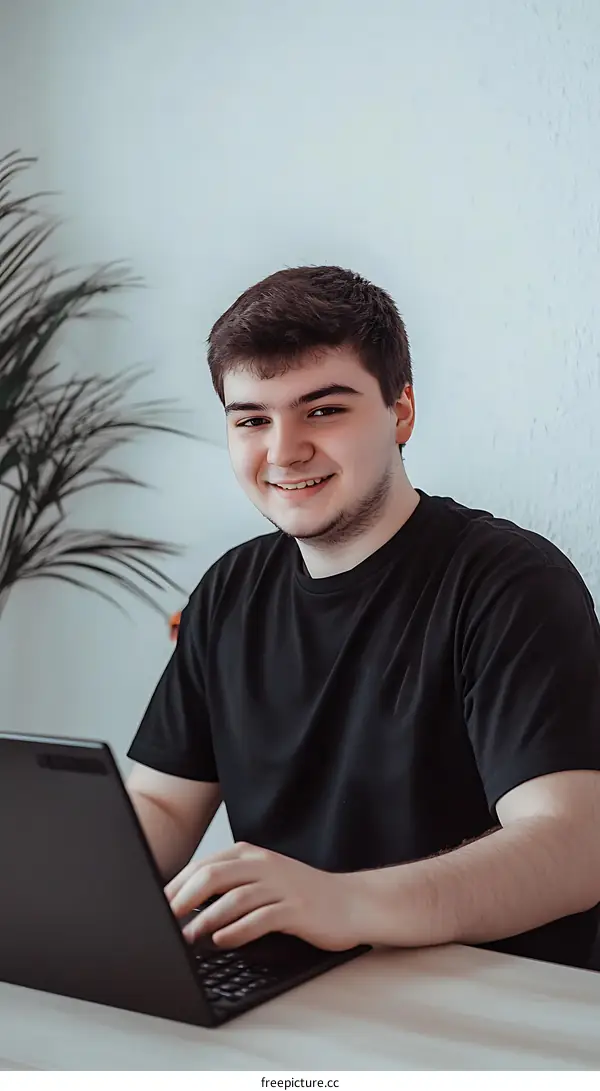 Smiling Man Using Laptop In Front Of A White Wall