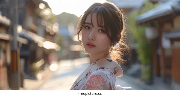 Japanese Woman in Kimono in a Traditional Town