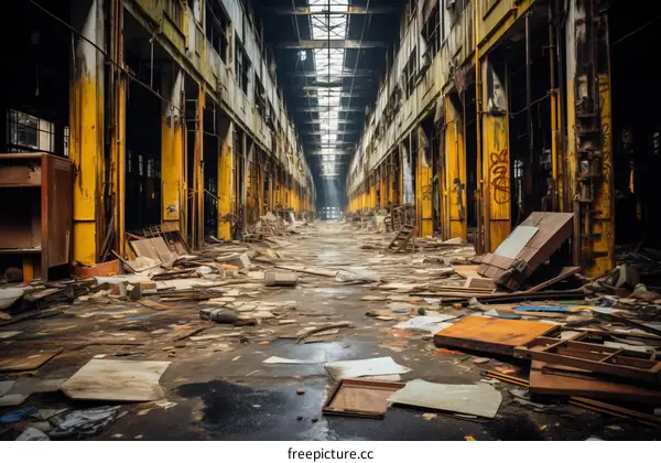 An abandoned factory building with debris on the floor
