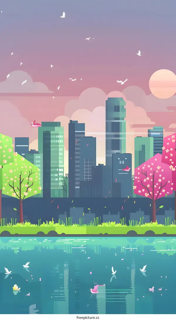 Cityscape Illustration with Birds and Cherry Blossoms