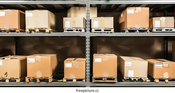 Warehouse Shelves Full Of Cardboard Boxes