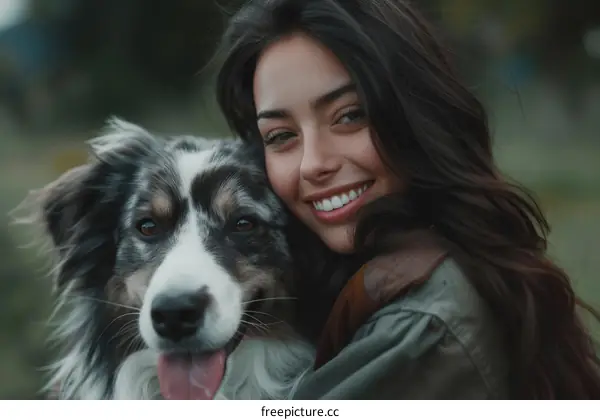 a smiling woman hugging a dog