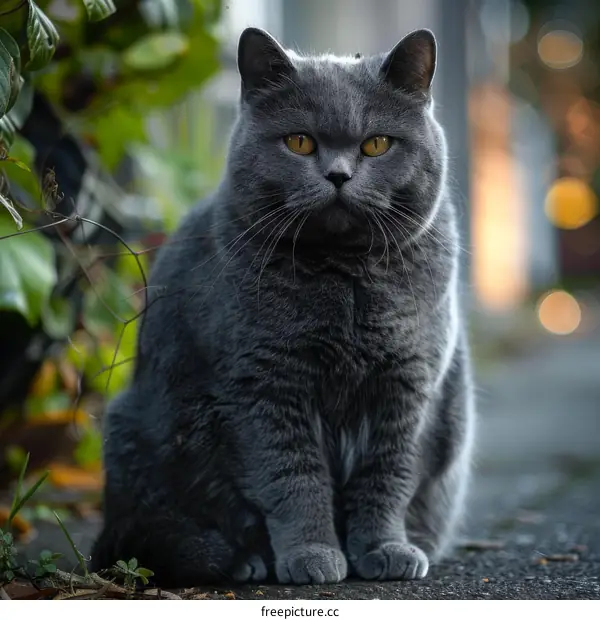 A gray British shorthair cat is sitting on the ground in front of a bush