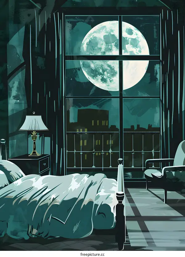 Full Moon Night Bedroom Illustration