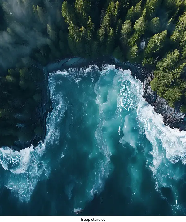 Aerial View of Ocean Waves Crashing on a Rocky Coastline With Forest in the Background