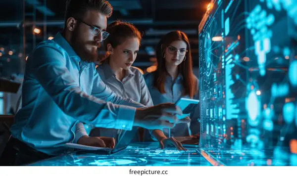 Three software engineers analyzing data on a transparent screen