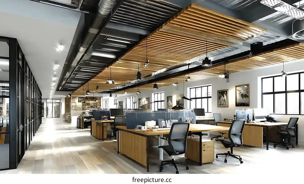 Modern Open Plan Office Interior with Wooden Accents