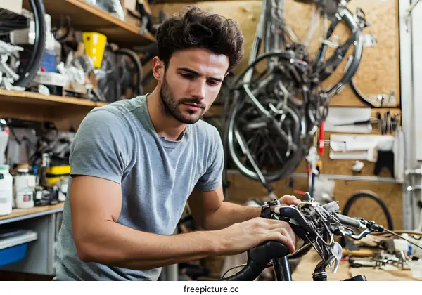 Man Working on a Bicycle in a Workshop