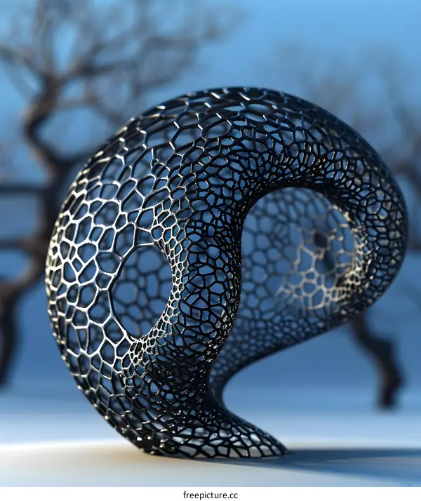 Black metal sculpture resembling a Mobius strip