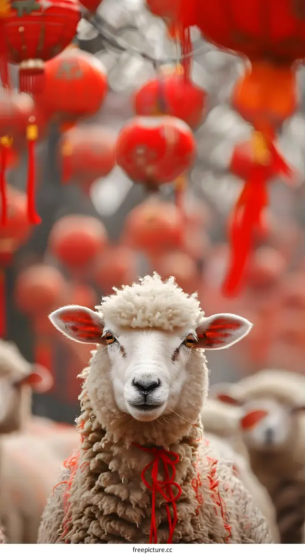 A sheep looking at the camera with red Chinese lanterns in the background