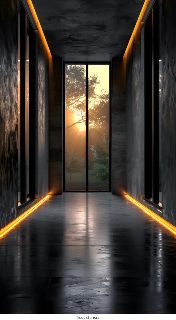 Forest landscape at the end of the dark corridor