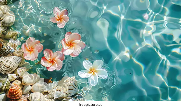 Tropical Flowers Floating in Clear Water