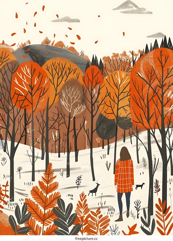Autumn Forest Illustration with a Woman and a Dog