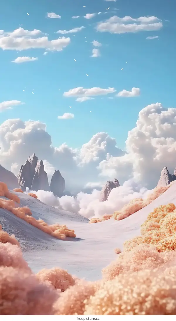 Mountain Landscape with Clouds and Pink Trees