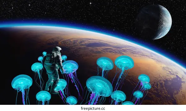 Astronaut Floating Among Bioluminescent Jellyfish Above Earth