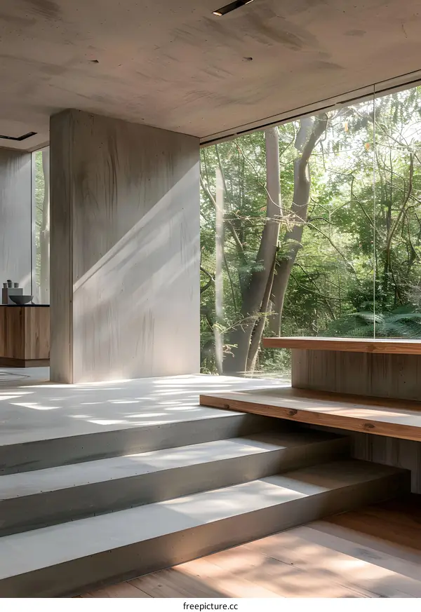 Modern Concrete and Wood Steps in Home with Large Window View of Trees