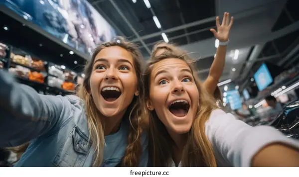 Two excited young women taking a selfie in a shopping mall