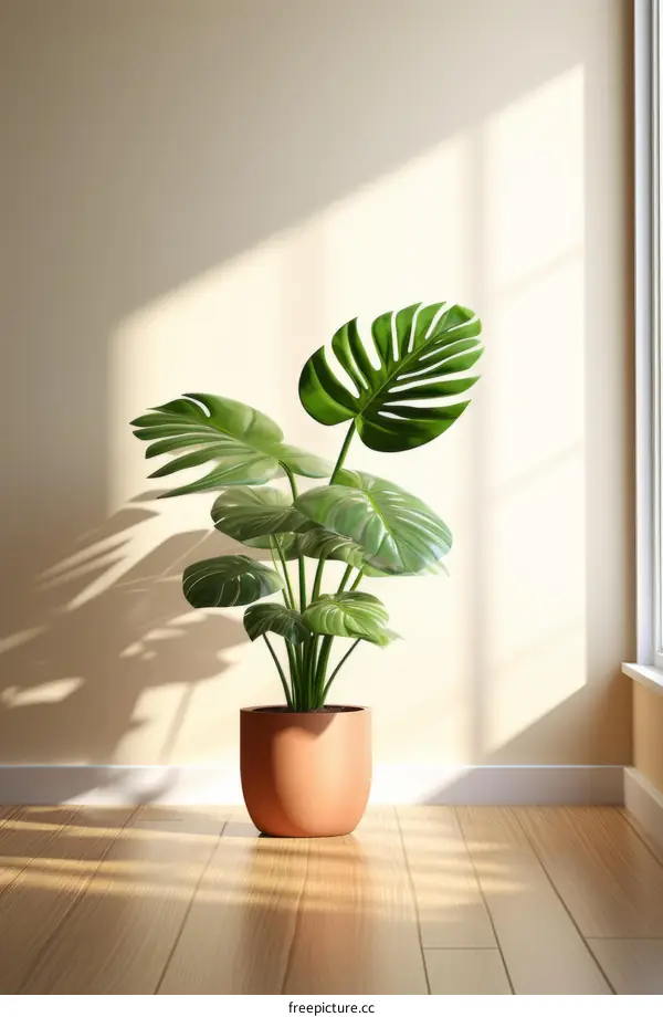 A potted monstera plant in a room with sunlight