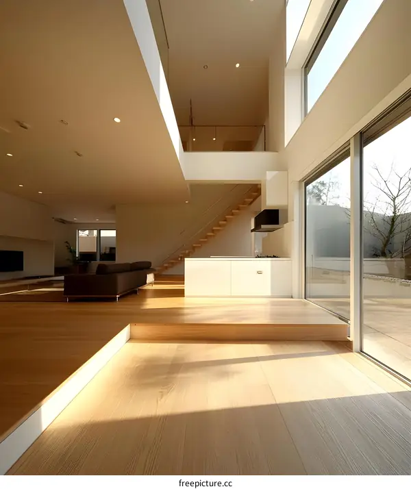 Modern Minimalist Open Floor Plan Home Design With Light Wood Floor and Large Windows