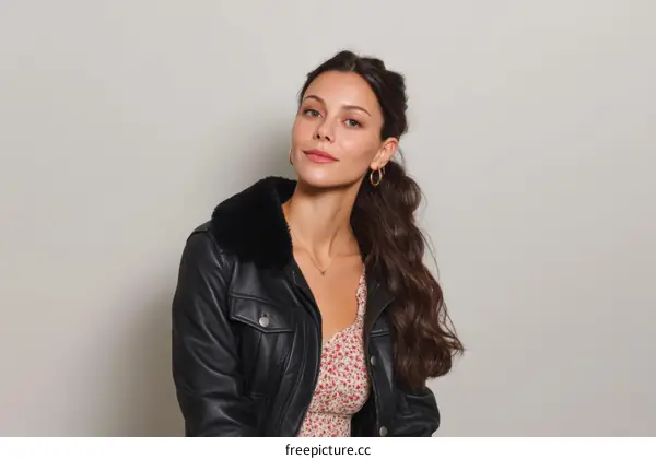 Stylish Woman in Black Leather Jacket Portrait