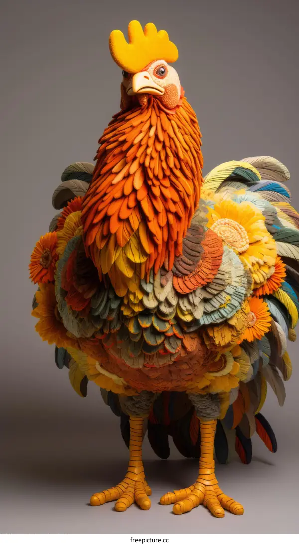 3D Illustration of a Vibrant Rooster with Colorful Flower Feathers