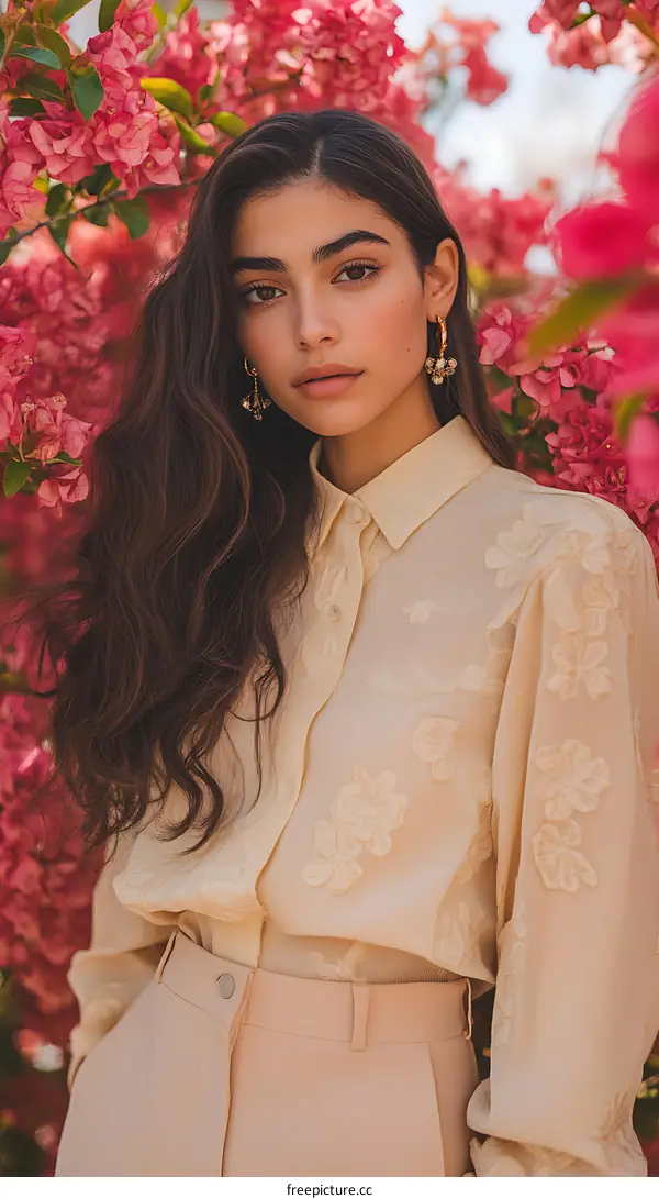 Woman in a Beige Blouse Posing in Front of a Pink Flower Bush