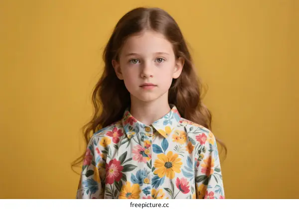 A Young Girl with Long Brown Hair Wearing a Floral Shirt Against Yellow Background