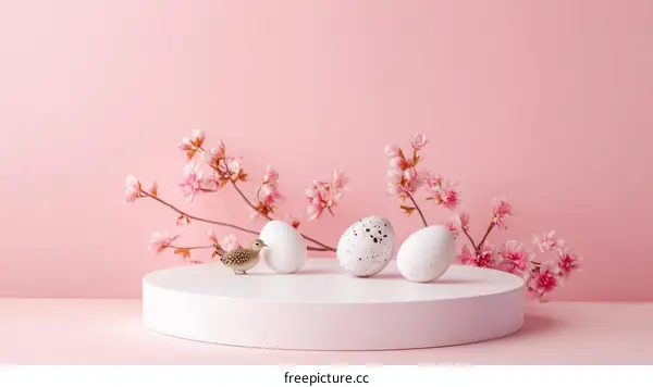 Spring Easter Eggs Display with Cherry Blossoms