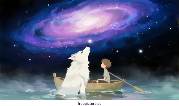 A Boy and a White Wolf Sailing Under a Spiral Galaxy