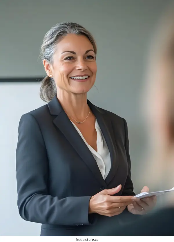 Smiling Businesswoman in a Meeting, Dressed in a Suit Jacket and a White Shirt