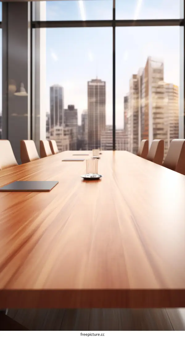 Modern Wood Office Conference Table Cityscape View