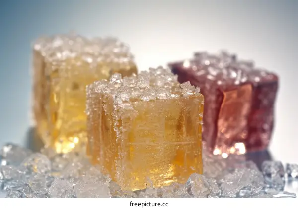 Three gelatin cubes on ice