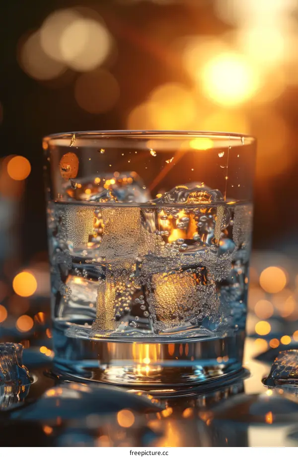 glass of water with ice cubes on a table with a sunset in the background