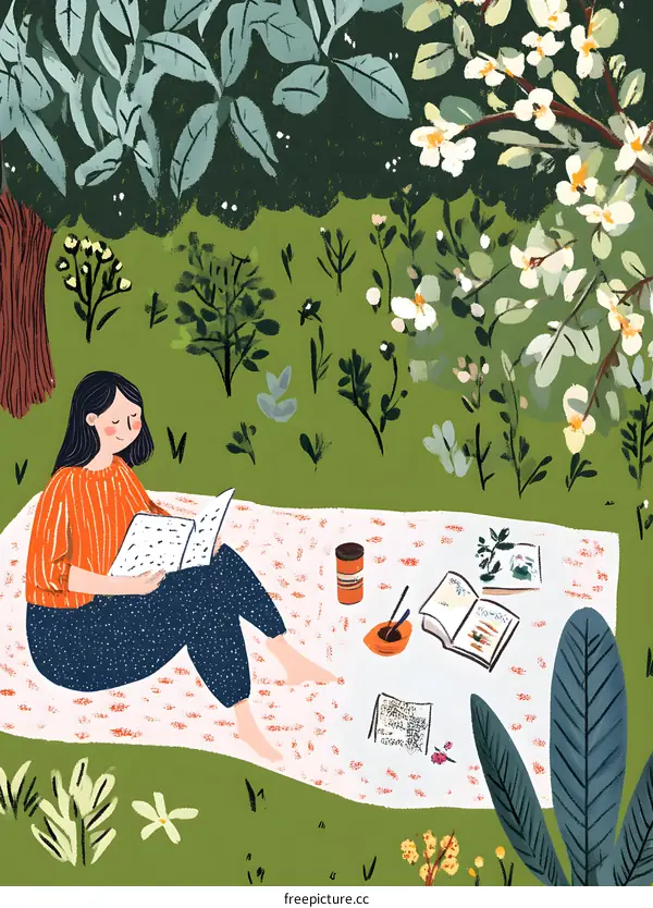 Woman Relaxing On A Blanket In The Grass